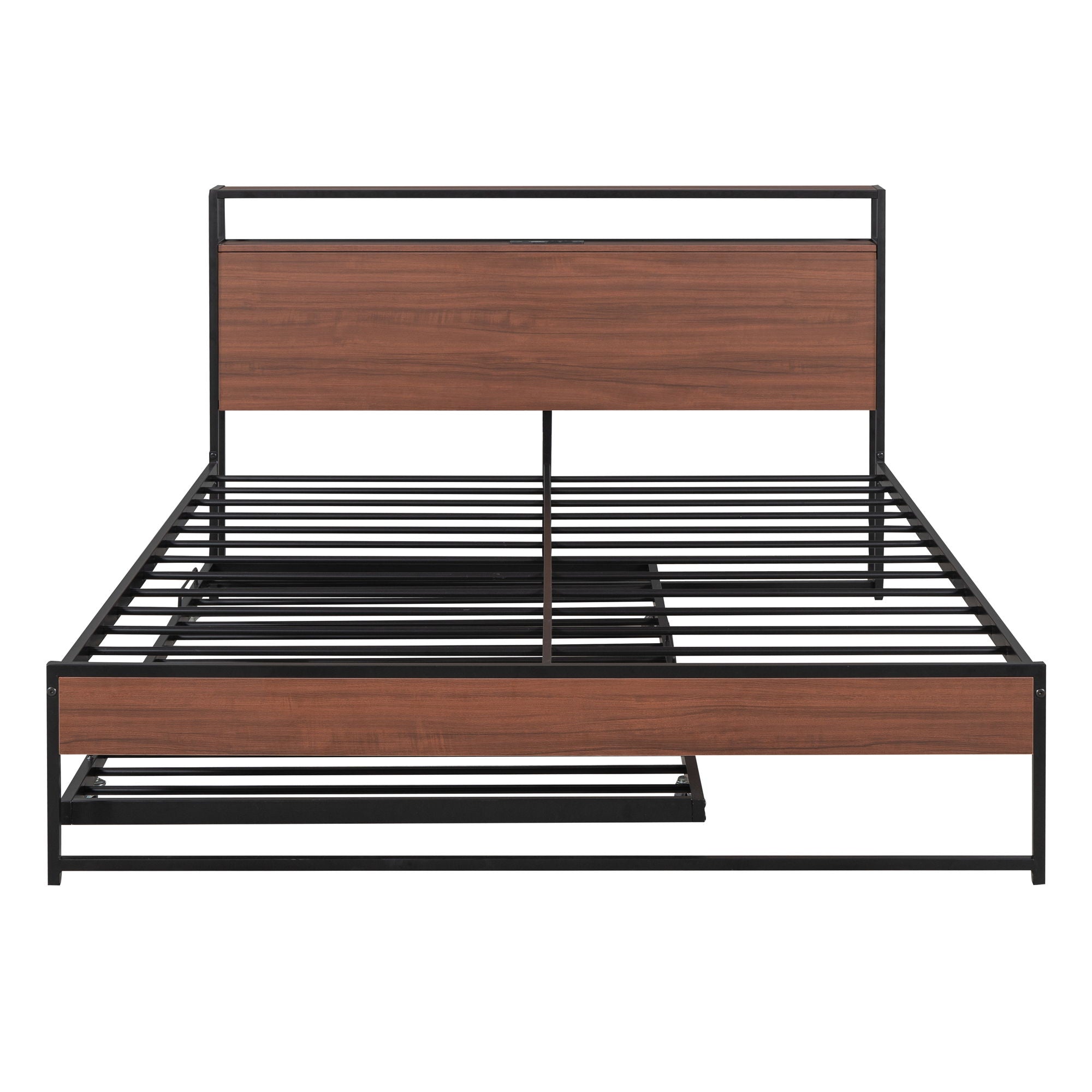 Queen Size Platform Bed Frame With Trundle, USB Ports And Slat Support, No Box Spring Needed - Black