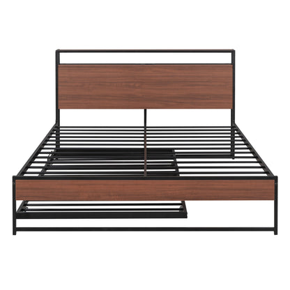 Queen Size Platform Bed Frame With Trundle, USB Ports And Slat Support, No Box Spring Needed - Black