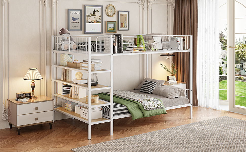 Twin Over Full Bunk Bed With 5 Tier Shelves - White