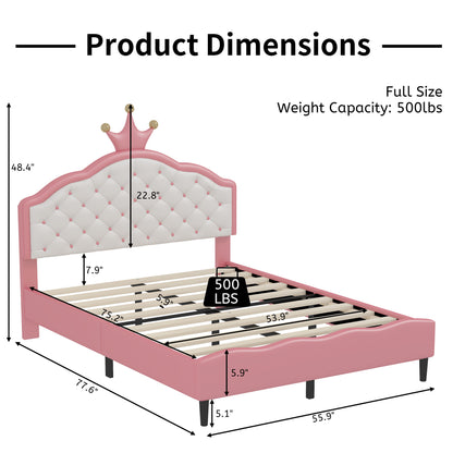 Full Size Lovely Crown Fantasy Leather Princess Bed With Tufted Headboard - Pink / Cream