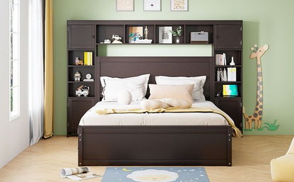 Queen Size Bed With All In One Cabinet, Shelf And Sockets, Twin Long Trundle - Espresso
