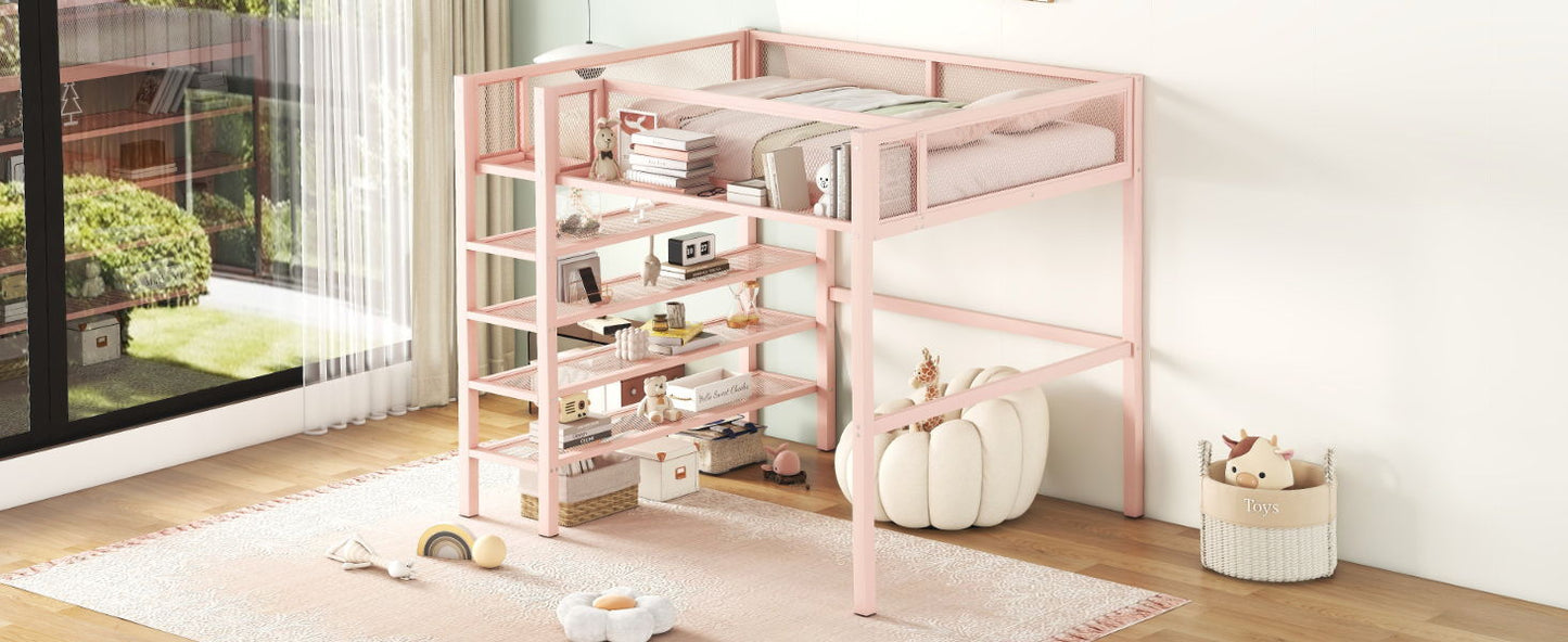 Full Size Loft Bed With 4 Tier Shelves And Storage - Pink