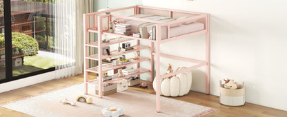 Full Size Loft Bed With 4 Tier Shelves And Storage - Pink