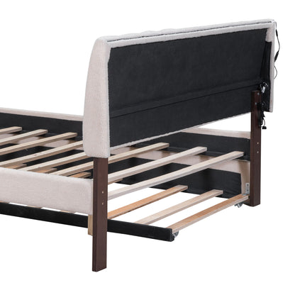 Full Size Upholstered Platform Bed With Twin Size Trundle - Beige