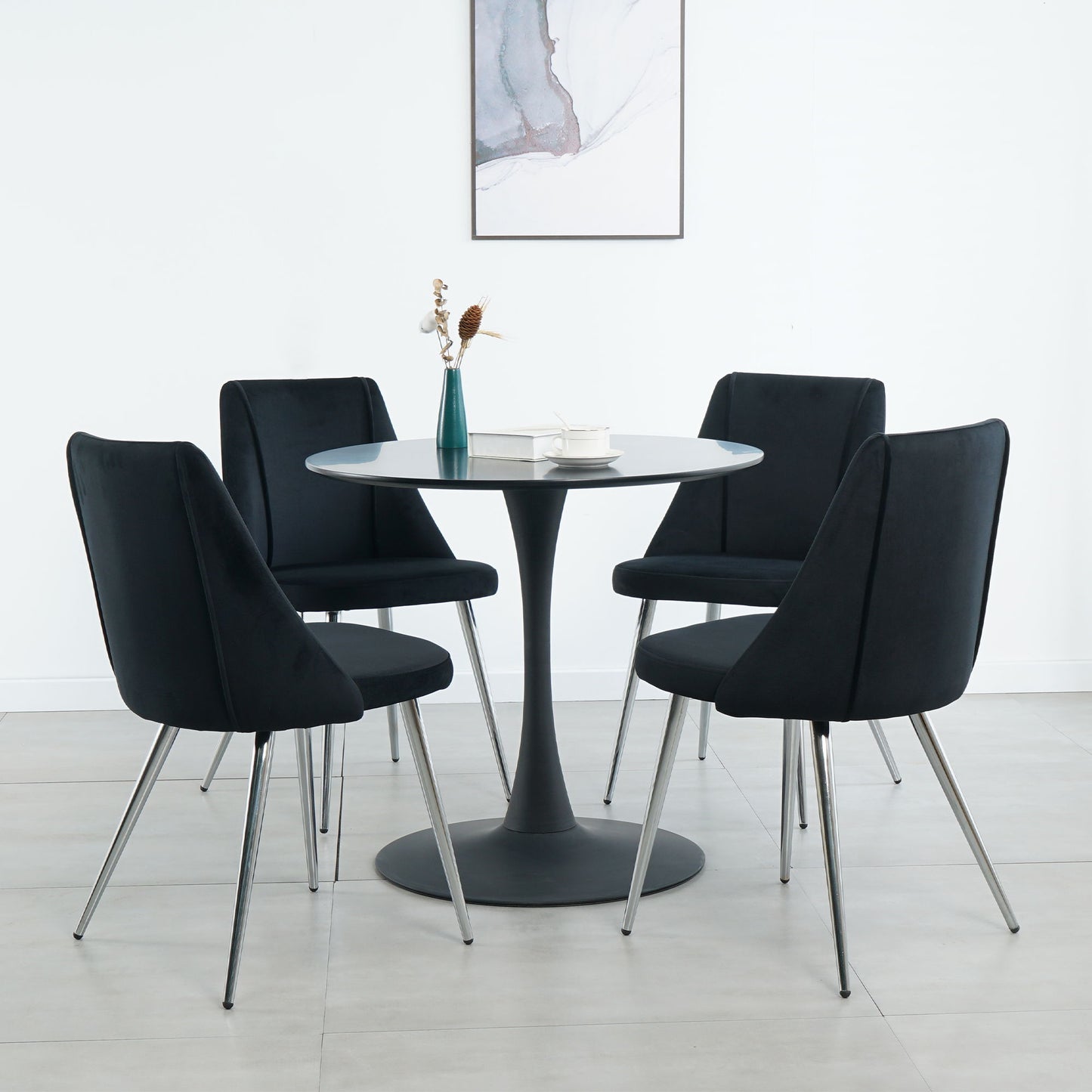 Modern Velvet Dining Chair With Chrome Metal Legs For Home And Office (Set of 4) - Black