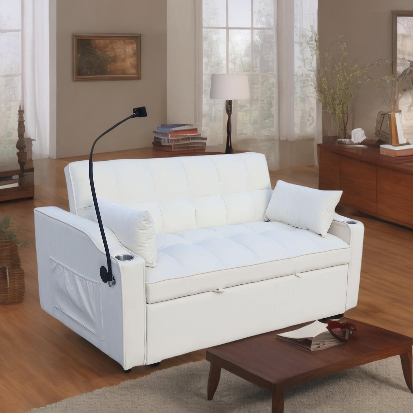 Modern Velvet Loveseat Futon Sofa Couch With Pullout Bed, Adjustable Reclining Backrest - Beige
