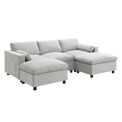 Modular Sectional With Storage Pockets, 5 Seat U Shaped Couch Set With Pillows, Free Combination Modern Cloud Sofa With 2 Movable Ottoman - Medium Gray