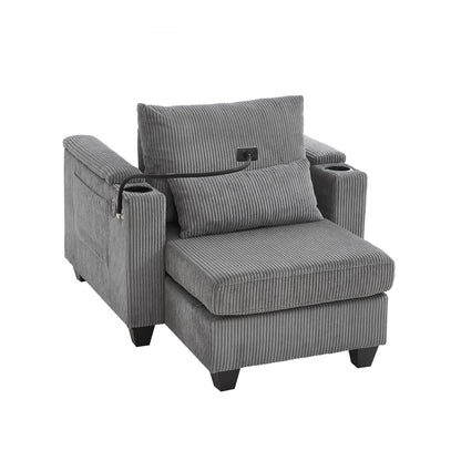 Convertible Chaise Lounge Sofa Chair Corduroy Sleeper With USB Ports, Cup Holders, Storage - Gray