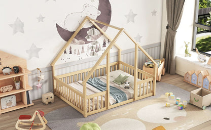 Full Wood House-Shaped Floor Bed With Fence, Guardrails - Natural
