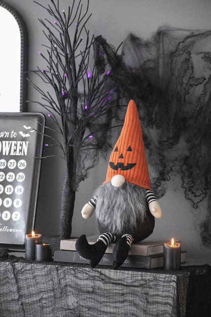 Sitting Gnome With Knit Hat, For Halloween Decor - Black / Orange / White