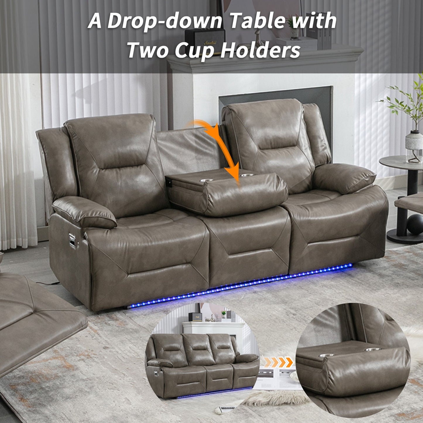 3 Seater Home Theater Recliner Manual Recliner Chair With A Led Light Strip Two Built-In Cup Holders For Living Room - Gray