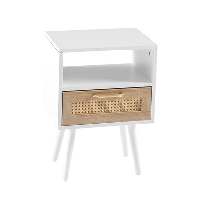 15.75" Rattan End Table With Drawer And Solid Wood Legs, Modern Nightstand, Side Table For Living Room, Bedroom - White