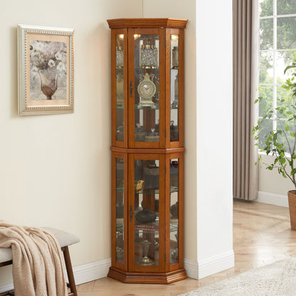Corner Curio Cabinet With Lights, Adjustable Tempered Glass Shelves, Mirrored Back, Display Cabinet (E26 Light Bulb Not Included) - Oak