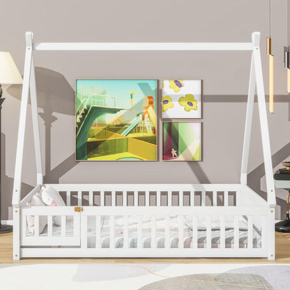 Full Tent-Shaped Floor Bed, With Guardrails, Slats, Door - White
