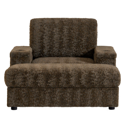 Oversized Chaise Lounge Indoor Rabbit Fur Sofa Bed With Storage Ottoman And Armrests Cup Holders With Deep Seat - Brown