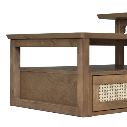 Modern Coffee Table, Coffee Table With 1 Storage Shelf, 2 Tabletops And 1 Rattan Drawer For Living Room - Dark Brown