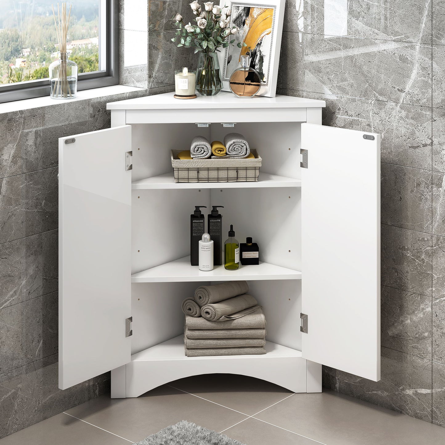 Triangle Bathroom Storage Cabinet With Adjustable Shelves, Freestanding Floor Cabinet For Home Kitchen - White