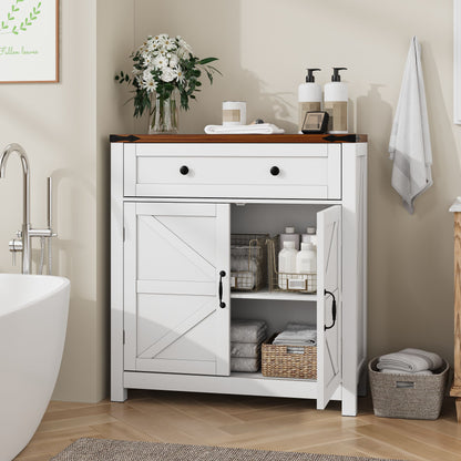Farmhouse Storage Cabinet With Drawer And Adjustable Shelf Kitchen Cabinet With Walnut Countertop, Modern Coffee Bar Console Cabinet For Kitchen, Dining Room, Bathroom, Entryway - White