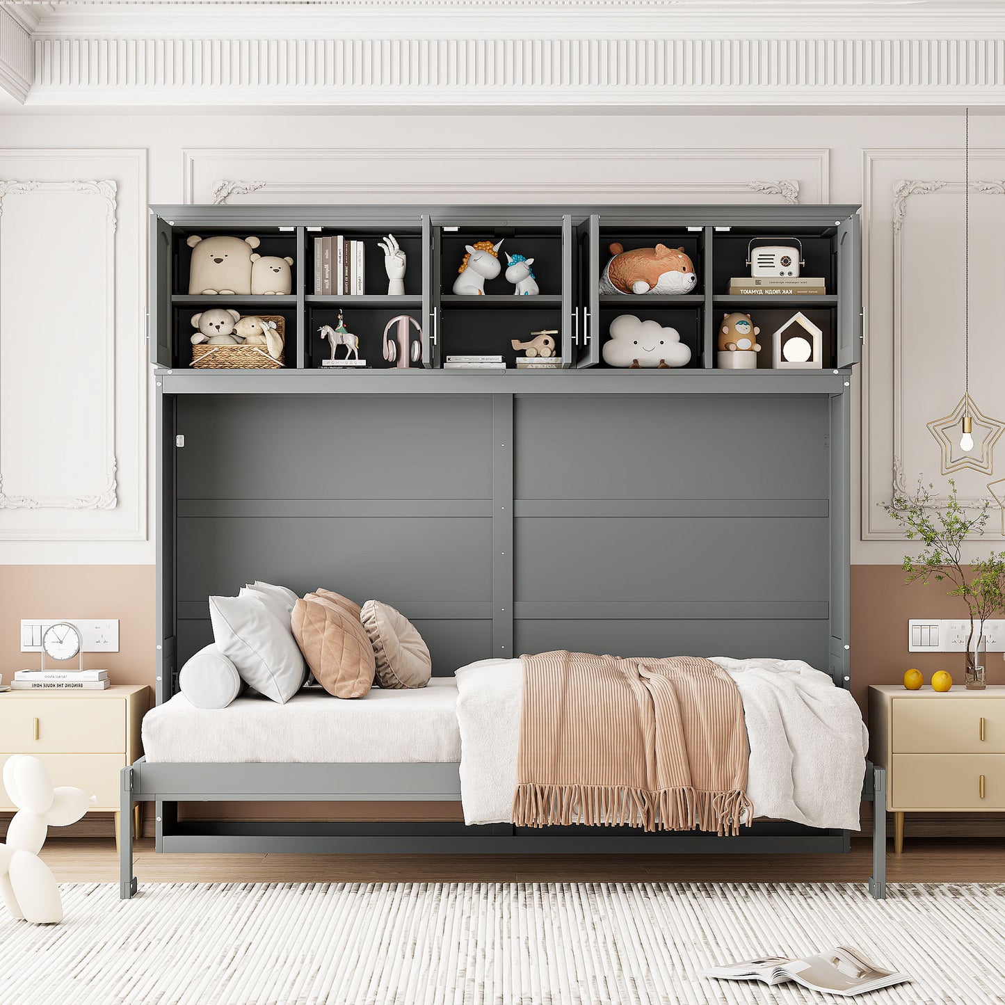 Queen Size Murphy Modern Bed With Top Cabinets For Space Saving And Comfort - Gray