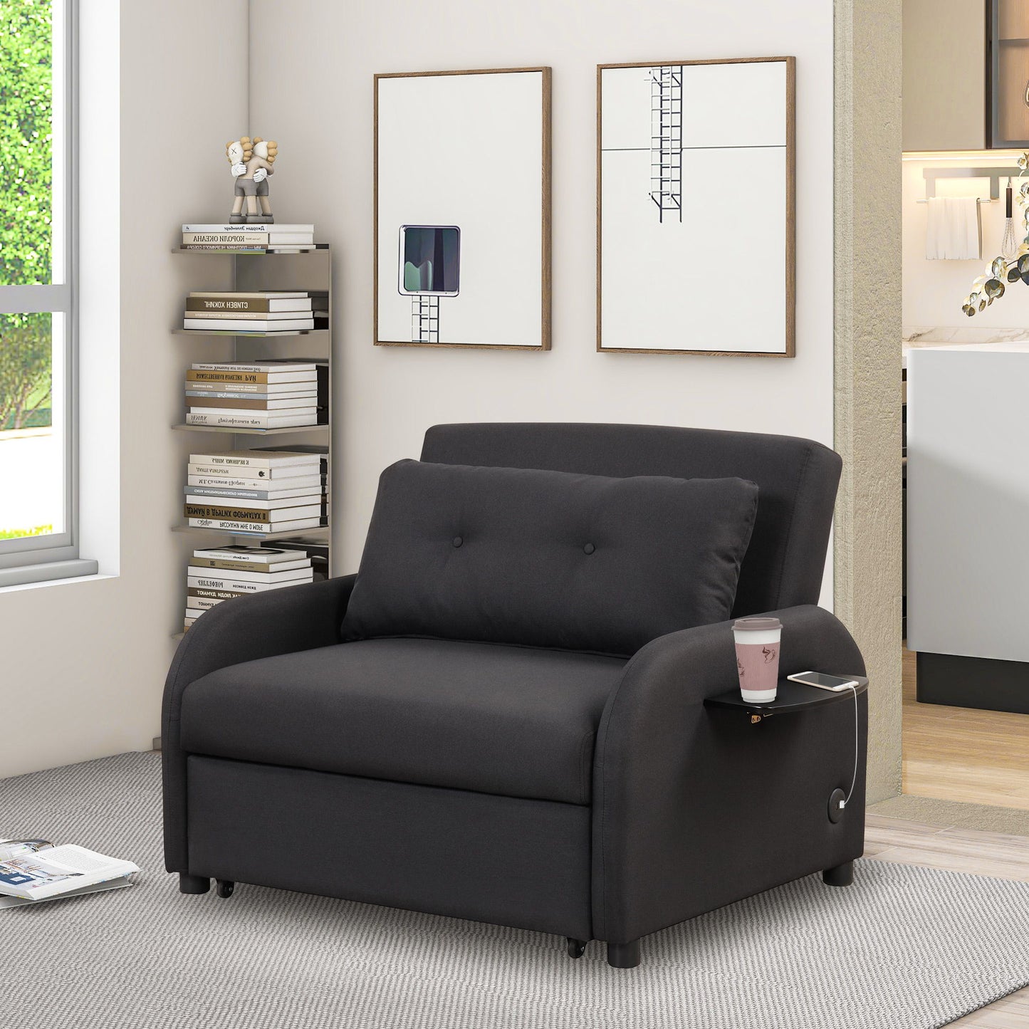 3 In 1 Pull Out Sofa Sleeper With Wing Table And USB Charge - Black