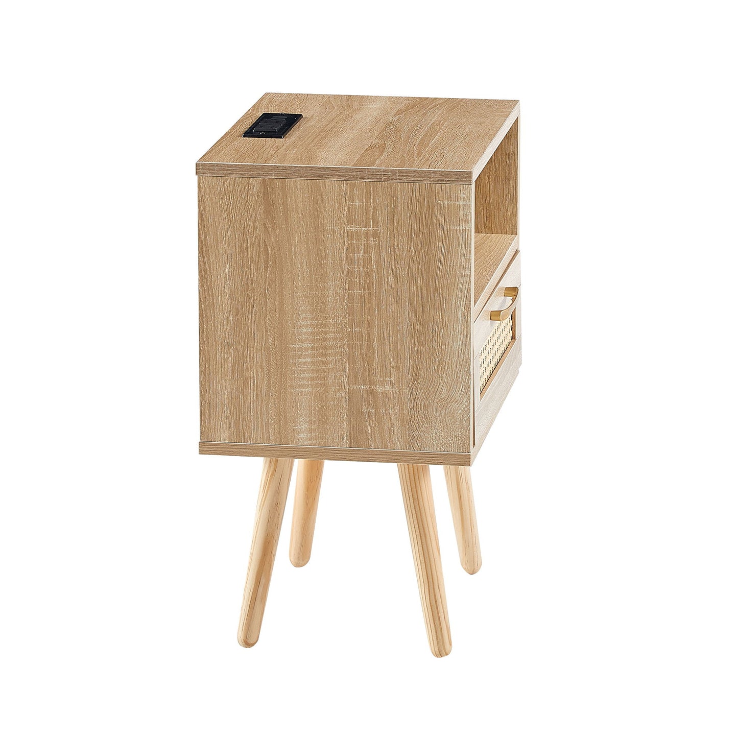 15.75" Rattan End Table With Power Outlet & USB Ports, Modern Nightstand With Drawer And Solid Wood Legs, Side Table For Living Room, Bedroom - Natural