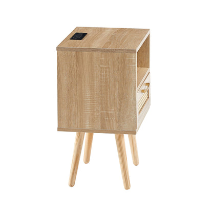 15.75" Rattan End Table With Power Outlet & USB Ports, Modern Nightstand With Drawer And Solid Wood Legs, Side Table For Living Room, Bedroom - Natural