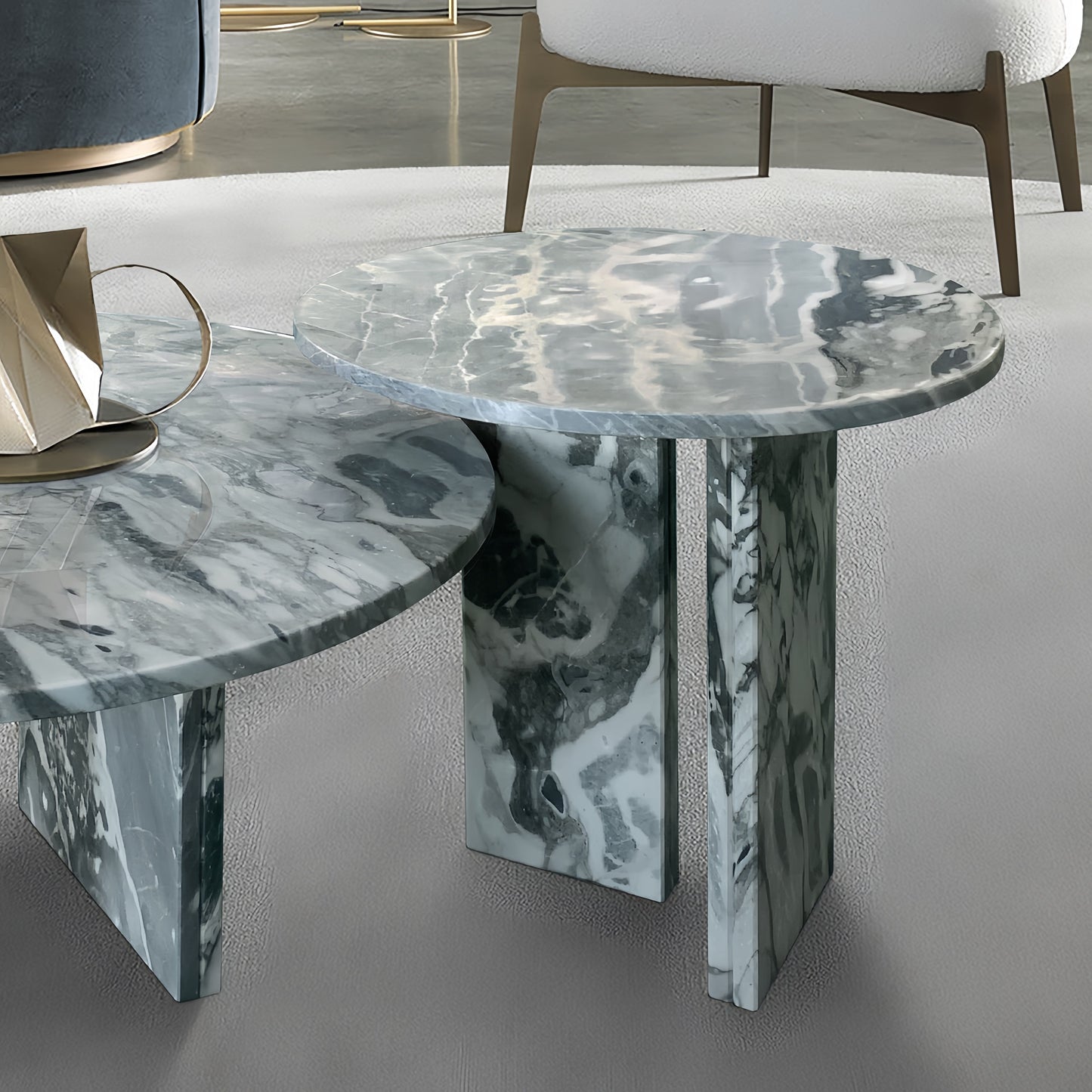 Luxury Natural Marble Coffee Table Set With Metal Base For Living Room - Blue / Gray