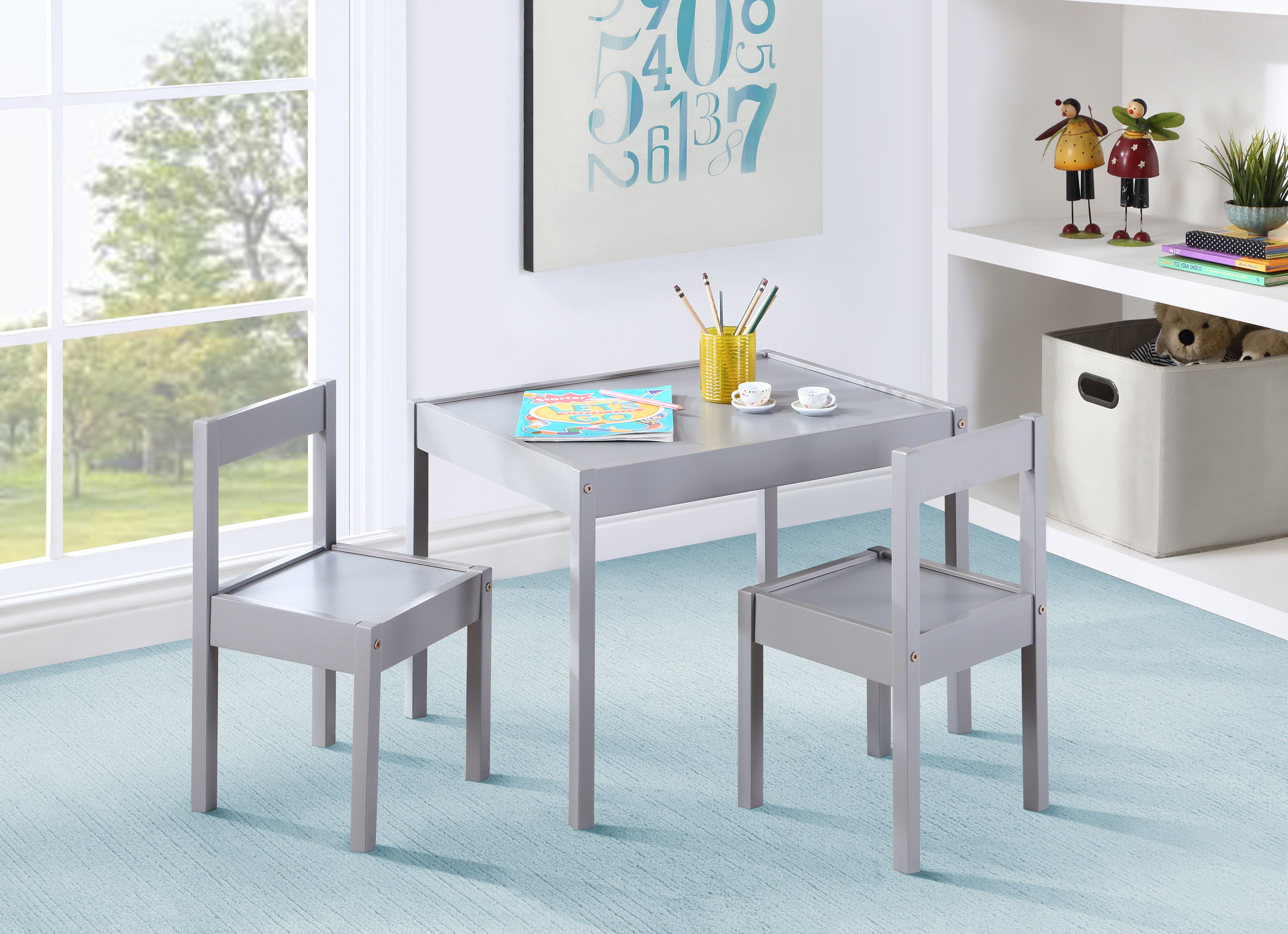 Della - 3-Piece Solid Wood Kids Table & Two Chair Set - Gray