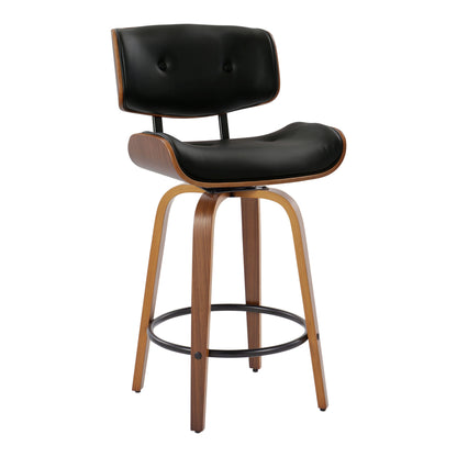 Lombardi - Mid-Century Modern Fixed Height Counter Stool With Swivel With Round Footrest (Set of 2) - Walnut / Black