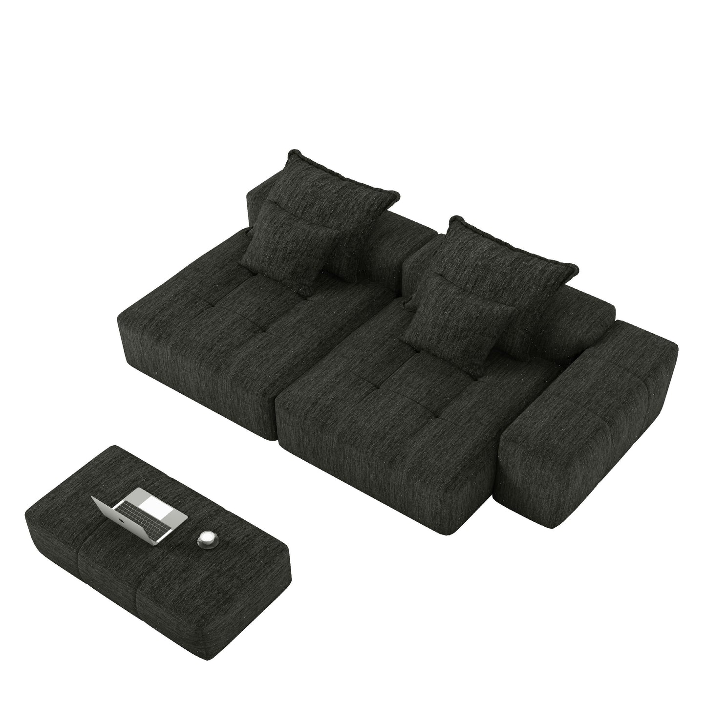 Modern Oversized Modular Sectional Sofa With 2 Chaise Lounge And 2 Armrest, Sparkling Chenille Fabric Soft Cushion Sofa With 4 Pillows, 4 Pieces Diy Combination Tufted Sofa, No Assembly Required - Black