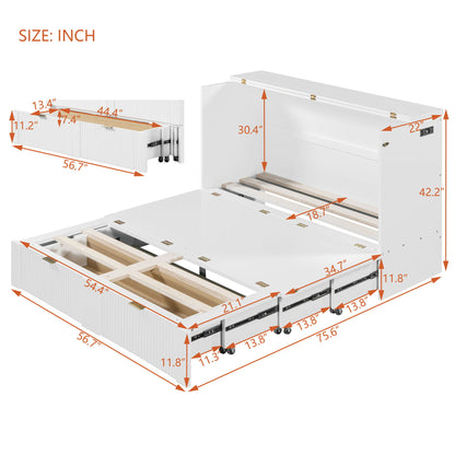 Full Size Murphy Bed With Drawer And A Set Of Sockets & USB Ports, Pulley Structure Design - White