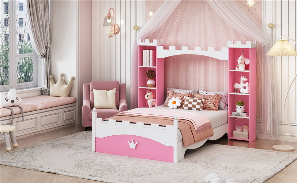 Castle Shaped Bed With Storage Shelf, Dreamy Twin Size Platform Bed For Kids Bedroom - Pink / White
