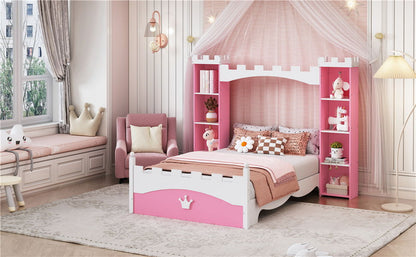 Castle Shaped Bed With Storage Shelf, Dreamy Twin Size Platform Bed For Kids Bedroom - Pink / White