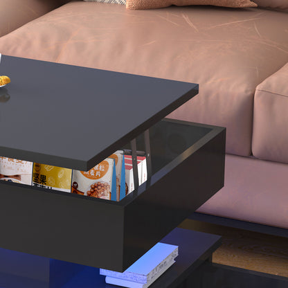 High Quality Foldable 3 Tier Coffee Table With Drawers And LED Light - Black