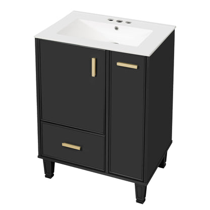 Modern Solid Wood And 24" Bathroom Vanity With Sink, Deep Drawer, Door Shelf, 2 Tier Basket - Black
