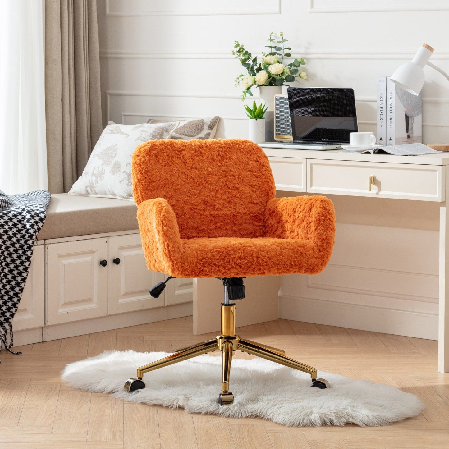 Office Chair, Artificial Rabbit Hair Home Office Chair With Golden Metal Base, Adjustable Desk Chair Swivel Office Chair, Vanity Chair - Orange