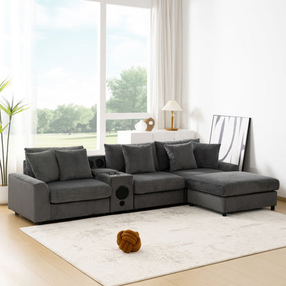Sectional With Bluetooth Speakers L Shaped Couch With Console USB Charger, Cup Holders Storage Ottoman Deep And Wide Seat Cloud Sofa - Dark Gray