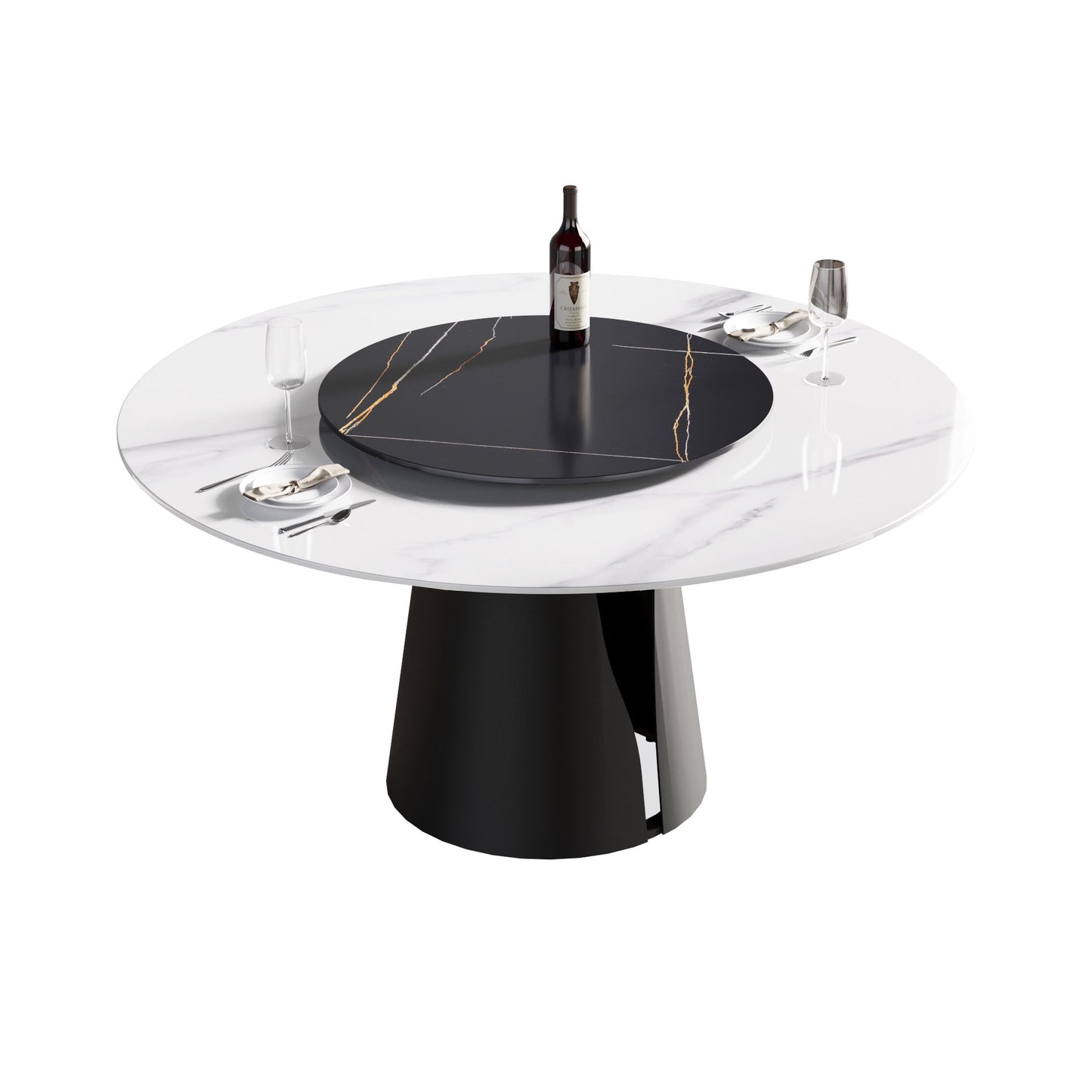 59.05" Modern Artificial Stone Round Carbon Steel Base Dining Table, Can Accommodate 6 People, Black Artificial Stone Turntable - White / Black