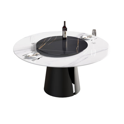 59.05" Modern Artificial Stone Round Carbon Steel Base Dining Table, Can Accommodate 6 People, Black Artificial Stone Turntable - White / Black