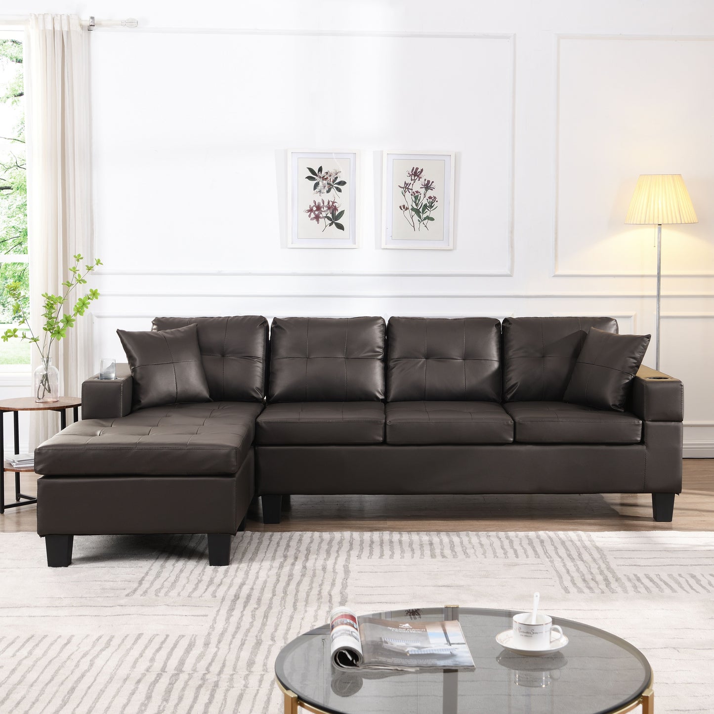 Modern Sectional Sofa Set With L Shape Chaise Lounge And Cup Holder - Chocolate Brown