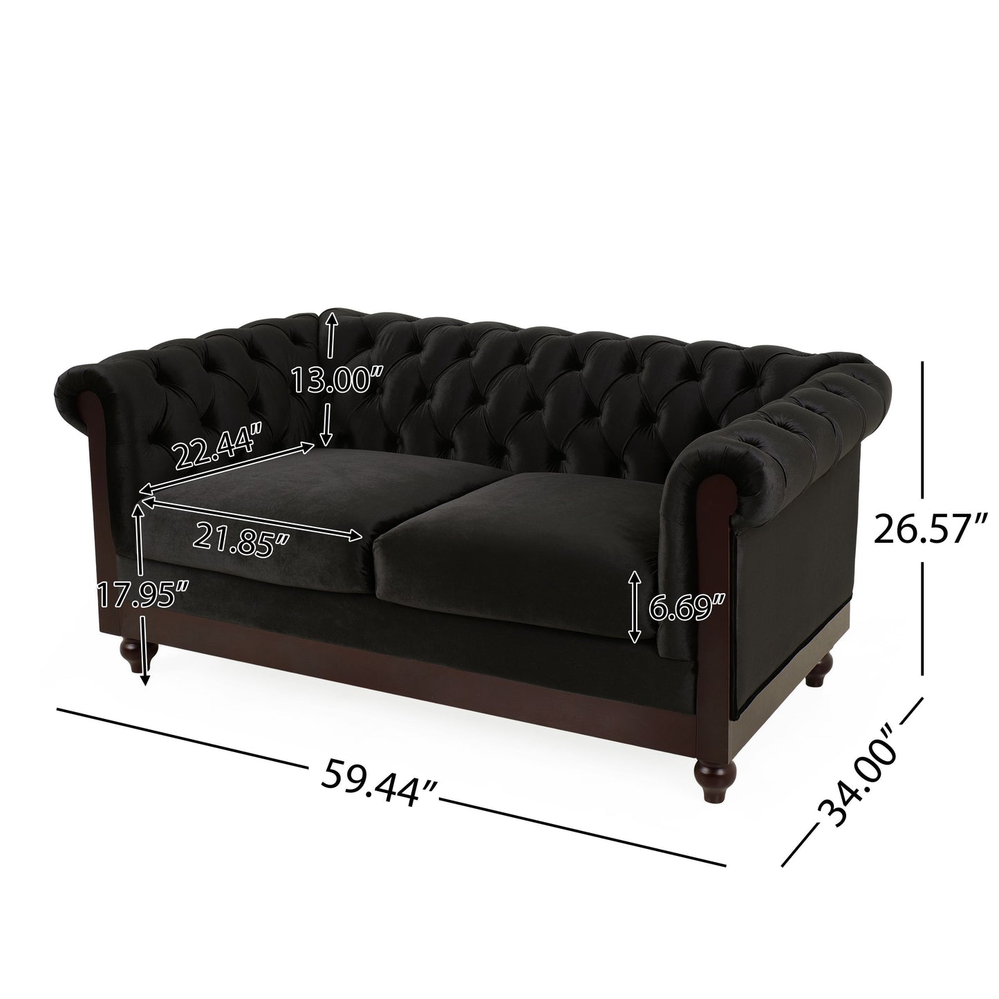 Chesterfield Velvet Loveseat Sofa, 2 Person Rolled Arm Upholstered Couch - Black