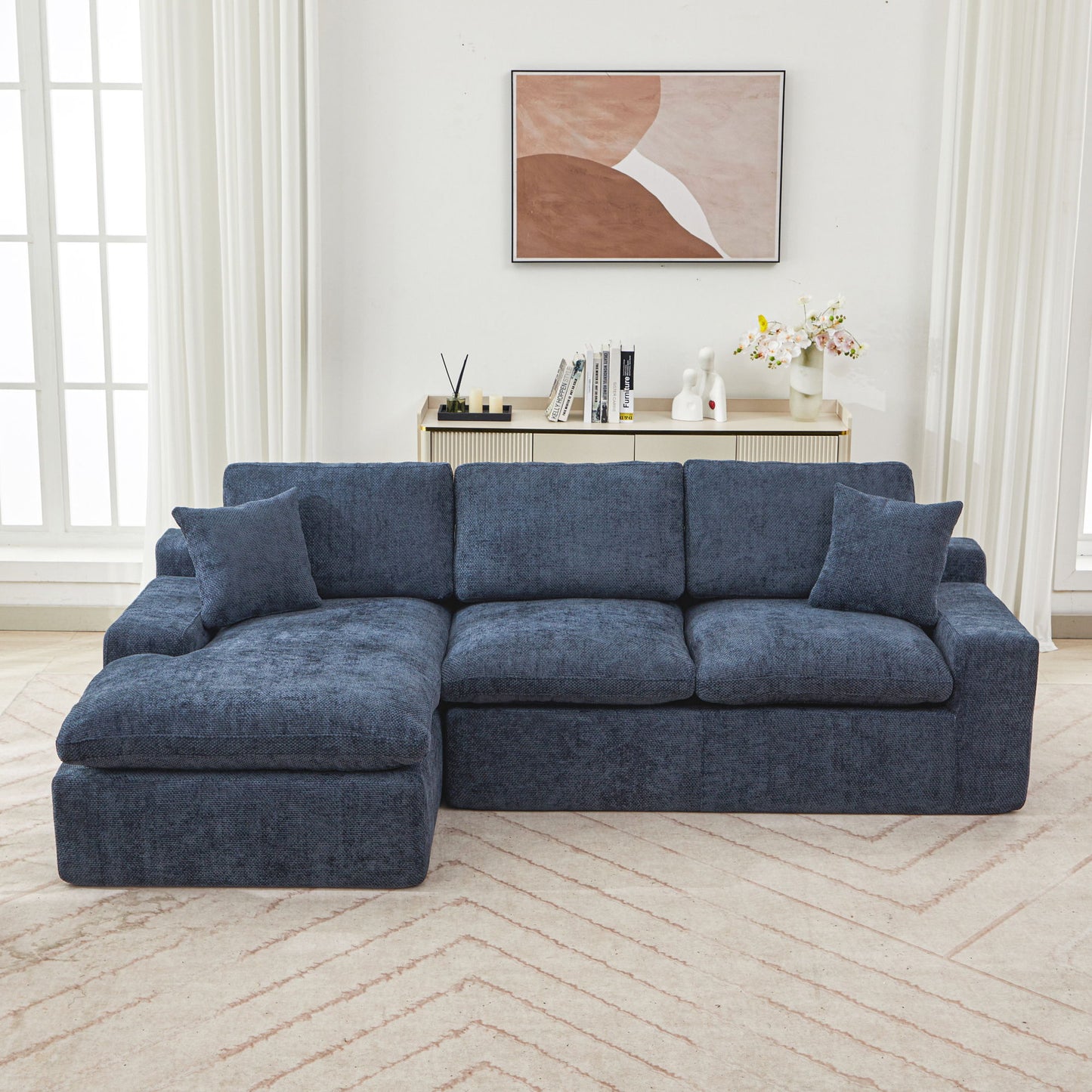 Cloud Sectional Sofa Upholstered Sofa Couch With Double-Layer Cushion And Side Pockets - Blue