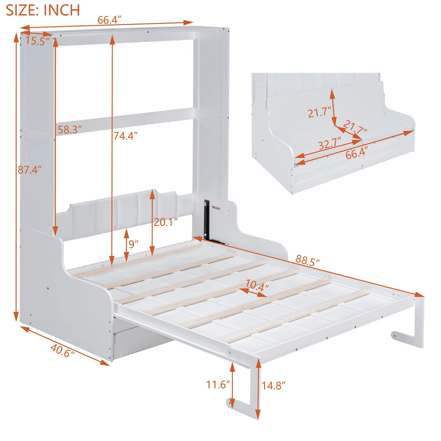 Queen Size Murphy Space Saving Wall Bed With Cushion - White