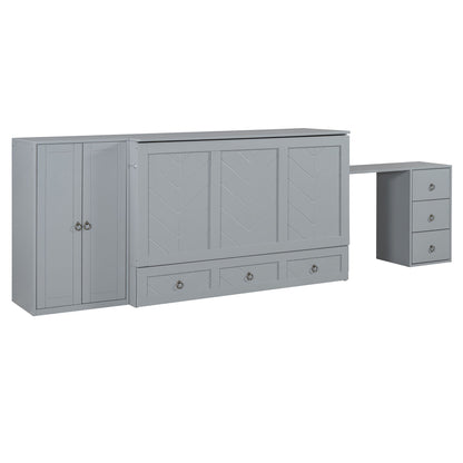 Queen Size Murphy Bed With USB Port, Large Drawer, And Wardrobe / Desk Combo Versatile Cabinet Bed - Gray