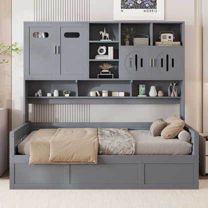 Twin Size Wooden Daybed With Hydraulic Bed And All In One Cabinet And Shelf - Gray