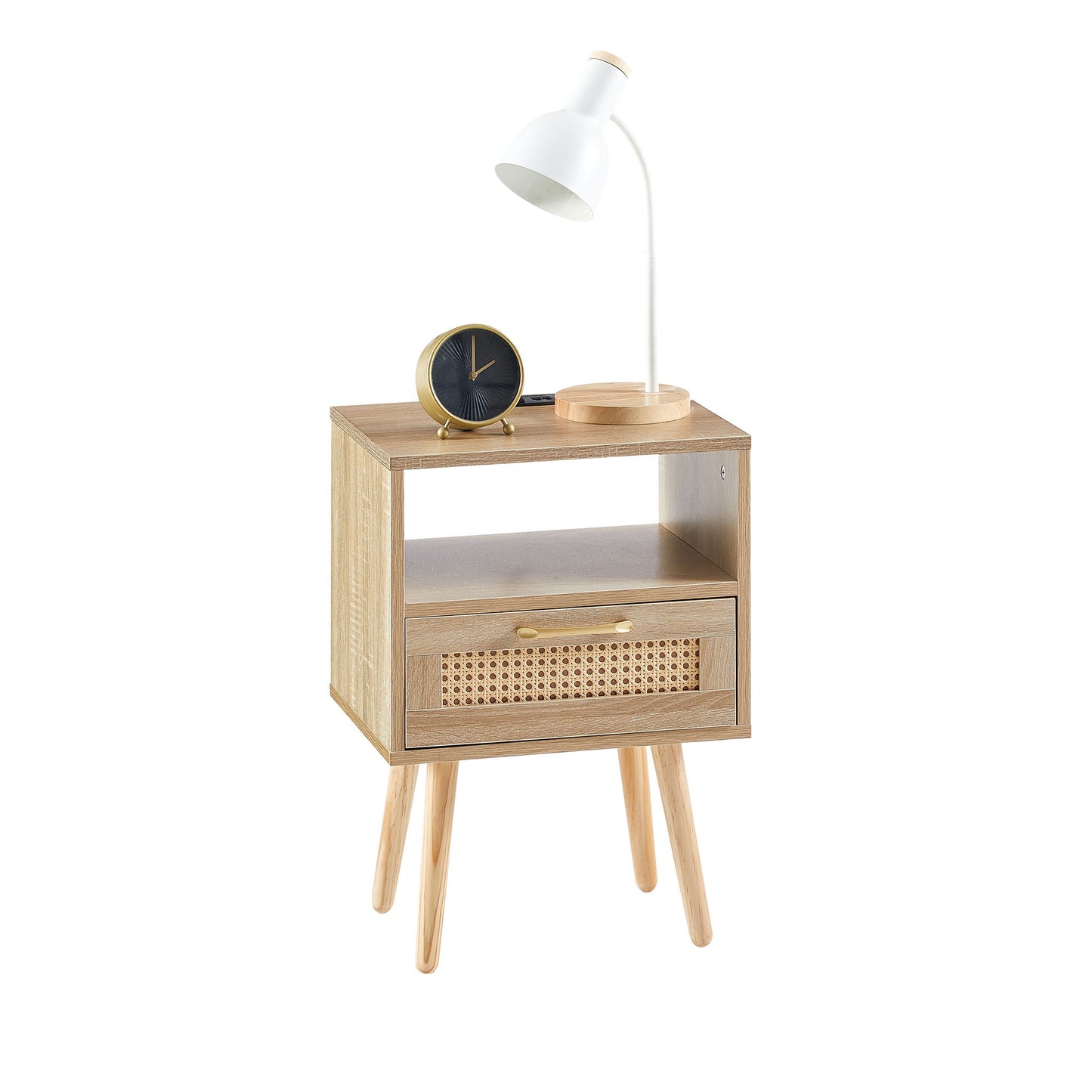 15.75" Rattan End Table With Power Outlet & USB Ports, Modern Nightstand With Drawer And Solid Wood Legs, Side Table For Living Room, Bedroom - Natural