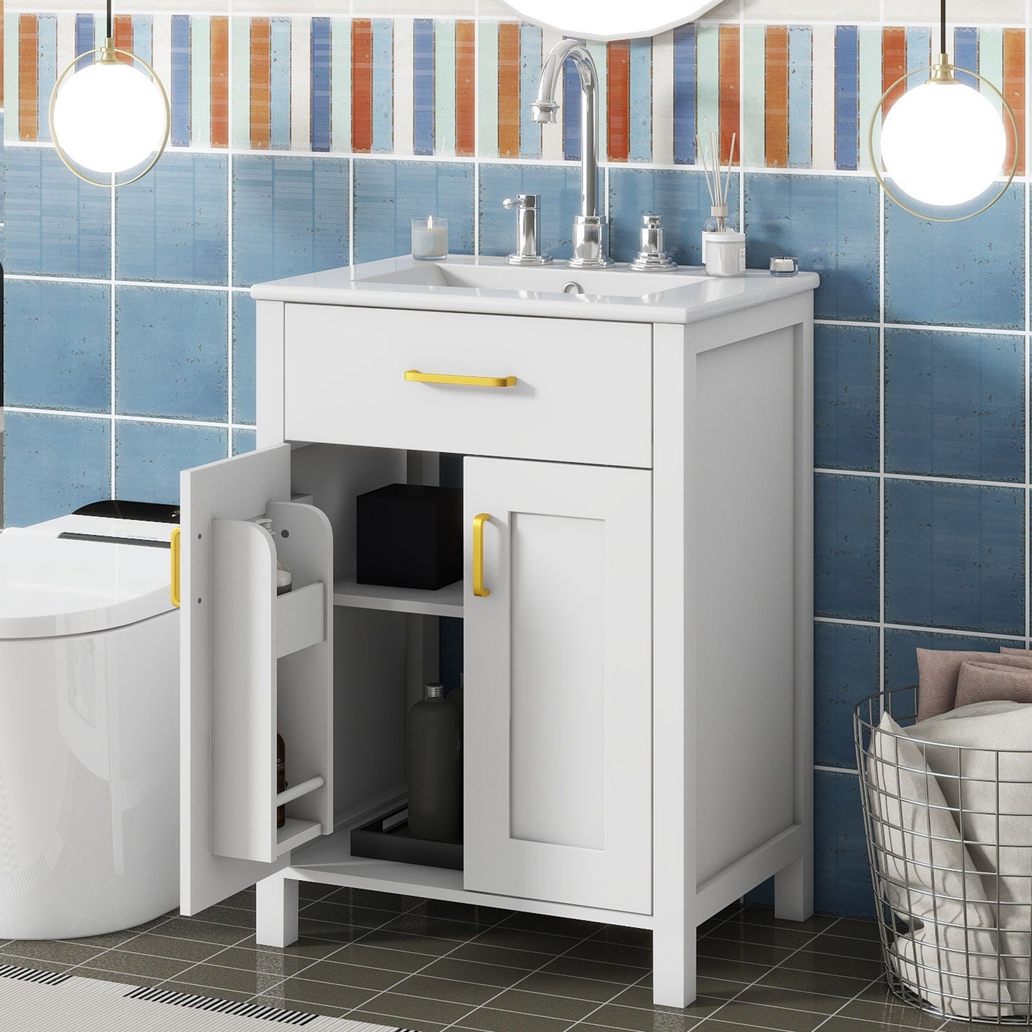 Bathroom Vanity Combo With Ceramic Sink, Luxurious Space-Saving Vanity, 2 Soft-Close Doors - Gold / White
