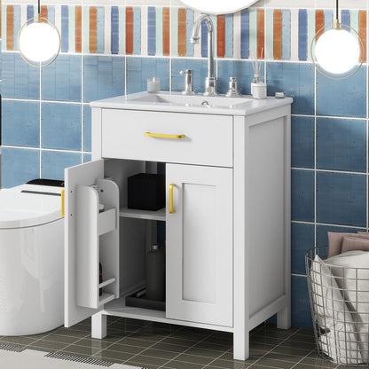 Bathroom Vanity Combo With Ceramic Sink, Luxurious Space-Saving Vanity, 2 Soft-Close Doors - Gold / White