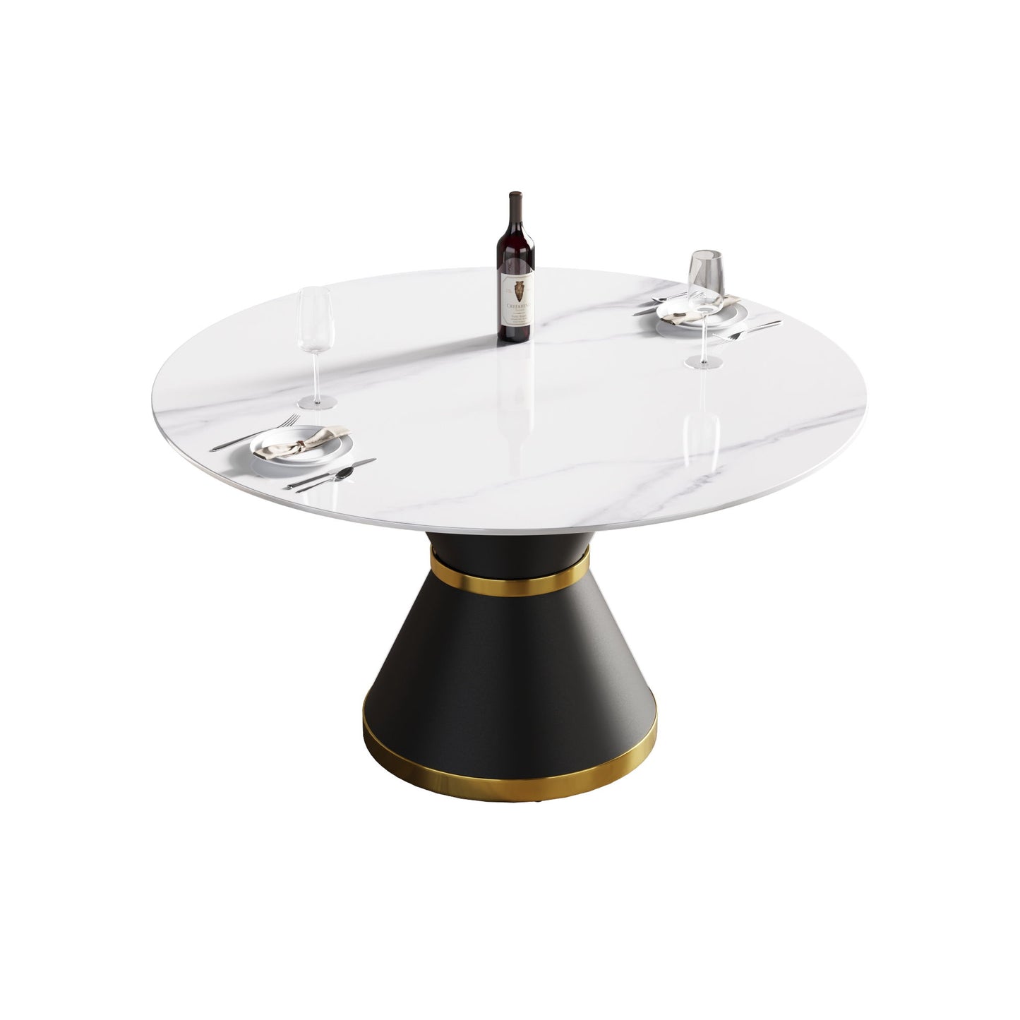 53.15" Modern Artificial Stone Round Carbon Steel Base Dining Table, Can Accommodate 6 People -White / Black