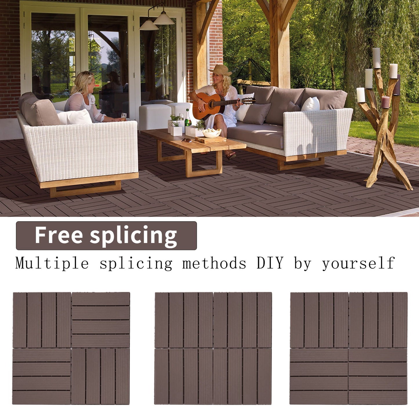 Plastic Interlocking Deck Tiles, Patio Flooring Outdoor Waterproof All Weather Use For Garden Poolside Front / Back Yard (Set of 44) - Light Coffee Color